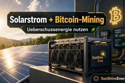 Solar-Mining-Rigs neben Solarpaneelen. Überschüssige Sonnenenergie wird für Bitcoin-Mining genutzt.