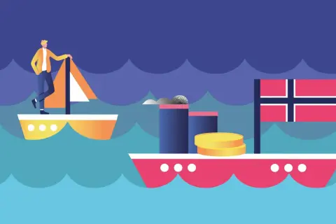 Ein Mann auf einem Segelboot blickt auf ein Schiff mit der norwegischen Flagge und Münzen, das die norwegischer staatsfonds zusammensetzung symbolisiert.
