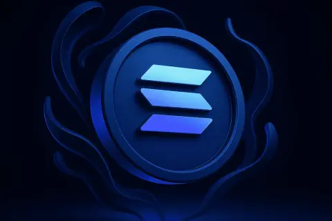 Das Solana-Logo, ein Kreis mit drei horizontalen Balken, umgeben von dunklen, geschwungenen Formen, symbolisiert die Kraft der Solana blockchain.