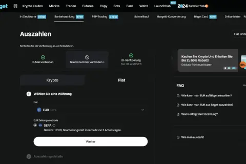 Bitget-Auszahlungsseite: Währung wählen (EUR) und SEPA als Zahlungsmethode für Ihren Krypto-Cash.