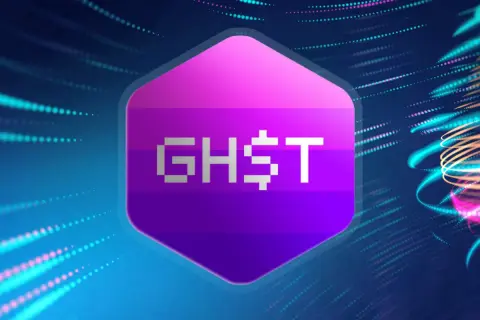 Das GHST Coin-Logo in Pixel-Art auf einem violetten Sechseck, umgeben von leuchtenden, abstrakten Lichtspuren.