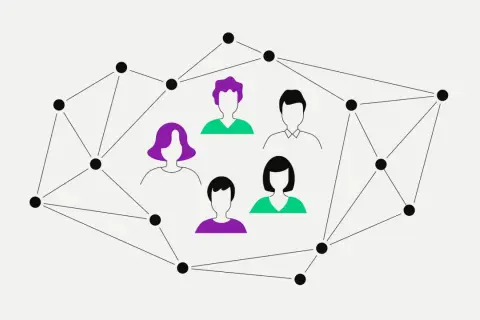 Menschen verbunden in einem Netzwerk, das eine dezentrale autonome Organisation symbolisiert.