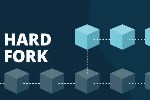 Die **Hard Fork Bedeutung** wird durch eine Blockchain-Grafik mit zwei verzweigten Ketten von Würfeln dargestellt.