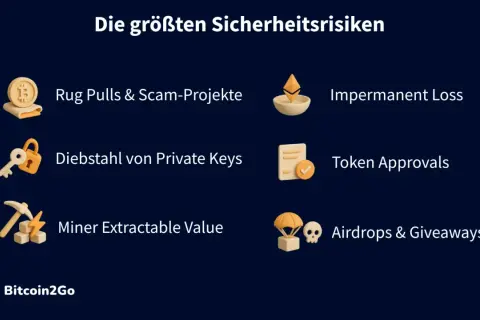 Grafik zeigt Risiken bei defi crypto: Rug Pulls, Diebstahl von Private Keys, Impermanent Loss, Token Approvals, MEV, Airdrops.
