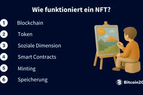 Ein Künstler malt ein Bild, das einen NFT-Token darstellt. Die Liste erklärt, wie ein NFT funktioniert, von Blockchain bis Speicherung.