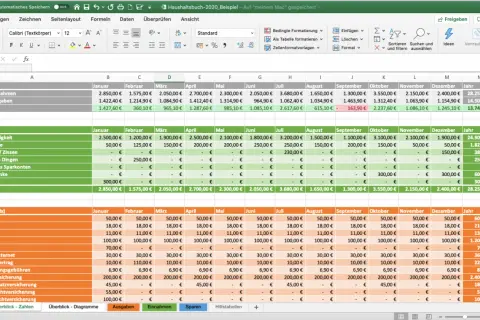Excel-Tabelle zeigt eine Haushaltsbuch Vorlage mit Einnahmen und Ausgaben pro Monat.