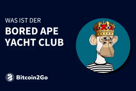 Der Bored Ape Yacht Club NFT: Ein Affe mit Krone und Streifen-Shirt, der die Frage "Was ist der Bored Ape Yacht Club?" aufwirft.