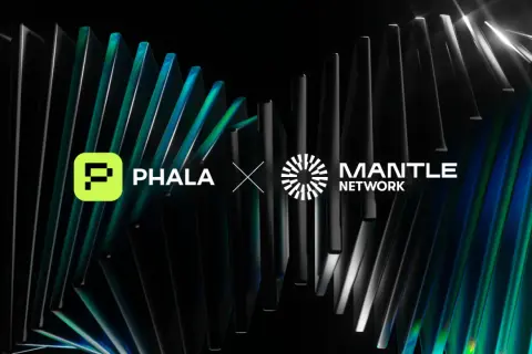 Phala Network und Mantle Network kooperieren. Abstrakte, glänzende Formen im Hintergrund.