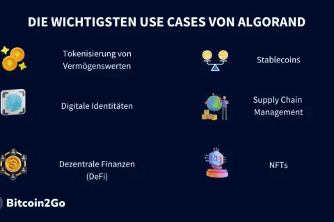 Die wichtigsten Use Cases von Algorand: Tokenisierung, Stablecoins, digitale Identitäten, Supply Chain Management, DeFi und NFTs.