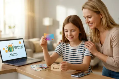 Mutter und Kind freuen sich über das neue Kinderkonto mit 50€ Startguthaben. Die Zinsen für das Sparkonto werden bald sichtbar.