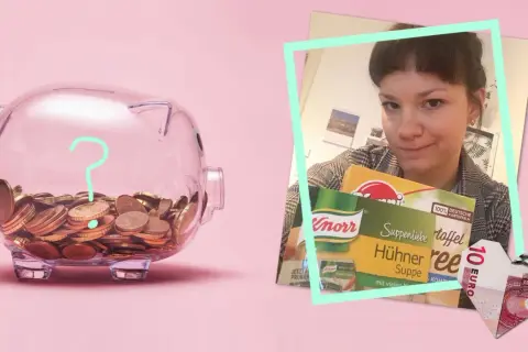 Sparschwein voller Münzen und eine Frau mit Knorr-Produkten. Gute geld sparen tipps für den Alltag.
