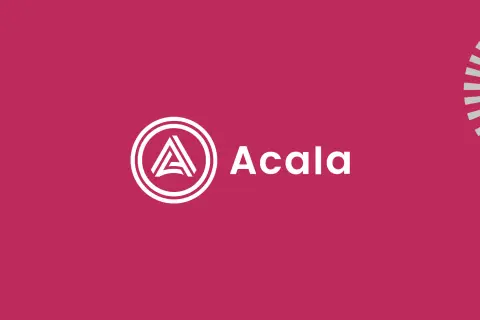 Das Acala Network Logo auf einem magentafarbenen Hintergrund. Links sind blaue und weiße Rechtecke, rechts ein Sonnenstrahlen-Muster.