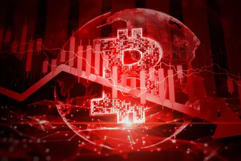 Roter Chart mit fallendem Bitcoin-Symbol und Weltkugel. Die rote Pfeilspitze deutet auf einen Abwärtstrend hin, der erklärt, warum Bitcoin dropping ist.