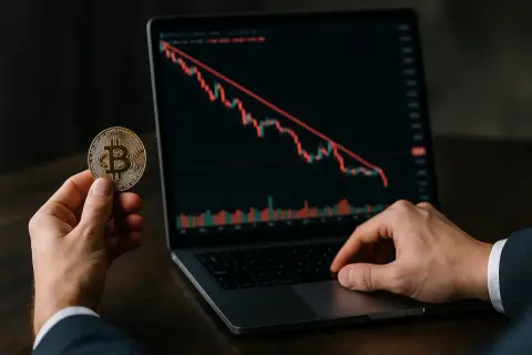 Mann hält Bitcoin-Münze, während auf Laptop-Bildschirm ein fallender Chart zu sehen ist. Die Krypto-Kurse scheinen zu shorten.