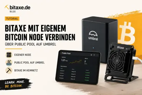 Ein Umbrel-Gerät und ein Bitaxe-Miner, die zeigen, wie man mit einem eigenen Bitcoin-Node und Open-Source-Software minen kann.