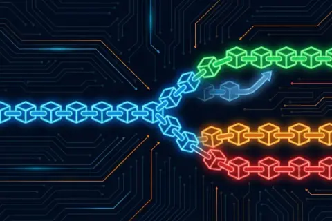 Eine blaue Blockchain teilt sich in drei neue Ketten: grün, gelb und rot. Dies symbolisiert einen **hard fork** in der digitalen Welt.