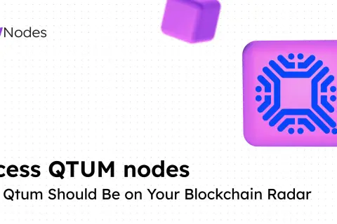 NOWNodes Logo und ein stilisiertes Symbol für den Qtum Coin. Der Text lautet "Access QTUM nodes. Why Qtum Should Be on Your Blockchain Radar".
