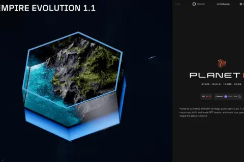 Ein hexagonales Ökosystem mit grünen Hügeln und blauem Wasser, das für das crypto gaming Planet IX wirbt.