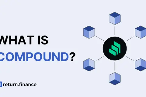 Grafik erklärt das Konzept von compound finance mit dem Compound-Logo und verbundenen Würfeln.