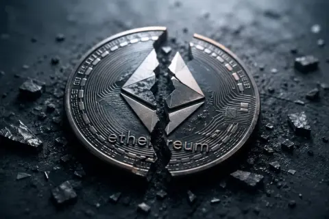 Zerbrochene Ether Krypto-Münze mit dem Ethereum-Logo, umgeben von Trümmern auf dunklem Hintergrund.