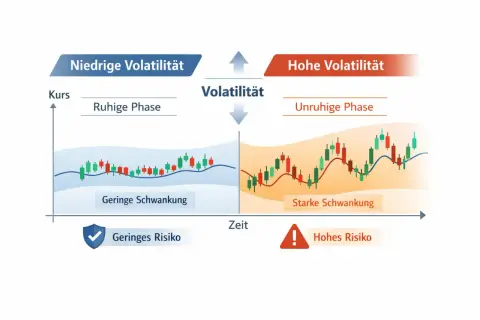 Vergleich von niedriger und hoher Volatilität: ruhige Phase mit geringer Schwankung und geringem Risiko vs. unruhige Phase mit starker Schwankung und hohem Risiko.
