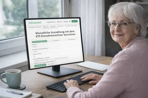 Seniorin nutzt ETF-Rechner für auszahlplan mit kapitalverzehr. Sie plant ihre monatliche Entnahme.