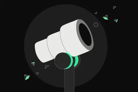 Ein Teleskop blickt in die Nacht, um den fet token zu finden. Grüne geometrische Formen schweben umher.