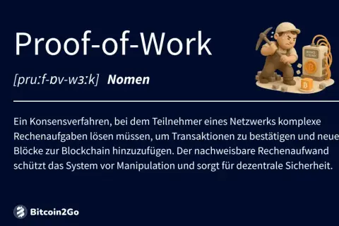 Ein Miner schürft mit Spitzhacke nach Bitcoin, um die **proof of work blockchain** zu sichern.