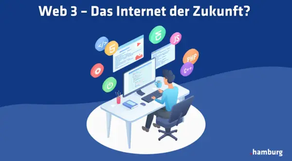 Ein Entwickler arbeitet am Computer, um die Zukunft des Internets, Web3, zu gestalten. Icons für Programmierung und Technologien schweben um ihn herum.