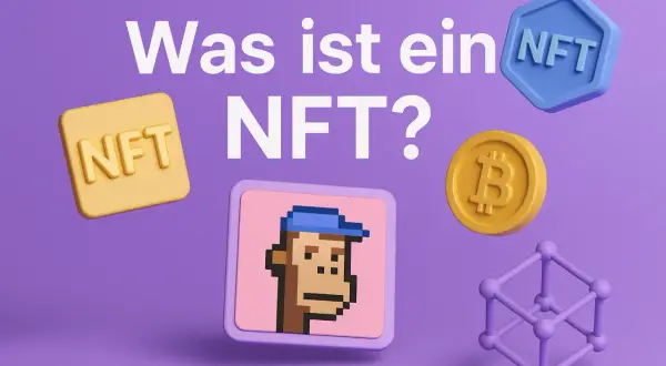 Was ist ein NFT? Ein digitaler Affe, Bitcoin und ein NFT-Symbol auf lila Hintergrund.