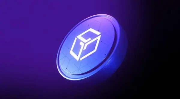Gala Crypto-Münze leuchtet auf violettem Hintergrund.