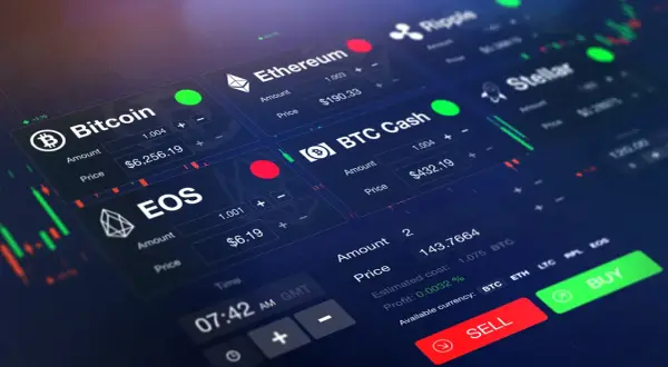 Kryptowährungs-Trading-Interface mit Bitcoin, Ethereum, EOS und BTC Cash. Der sxpc-Coin ist hier nicht sichtbar, aber die Preise schwanken.