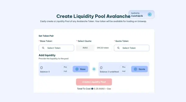 Erstelle einen Liquiditätspool auf Avalanche. Wähle Base- und Quote-Token, um die Liquidität für deinen balancer fi zu erhöhen.