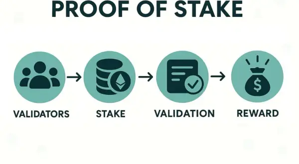 Proof of Stake" Prozess: Validatoren staken Krypto, was zur Validierung und Belohnung führt.