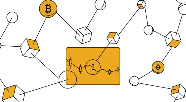Abstrakte Darstellung von dydx crypto: Bitcoin, Ethereum und Blockchain-Blöcke sind verbunden. Ein Chart zeigt den Kursverlauf.