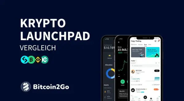 Krypto Launchpad Vergleich mit Bitcoin2Go. Mobile Apps zeigen Krypto-Trading-Oberflächen, ideal für den Start neuer Projekte.