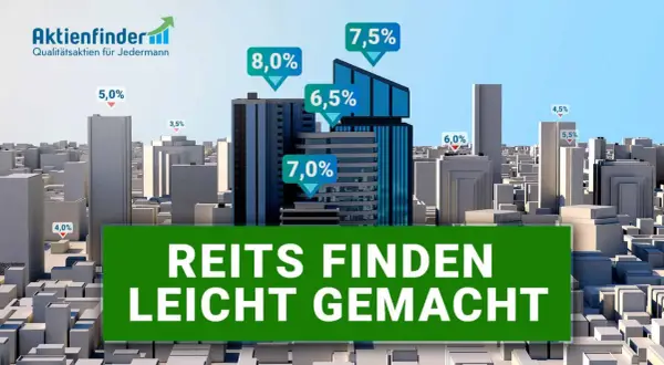 Grafik zeigt eine Stadt mit Wolkenkratzern, die verschiedene Renditen zeigen. "REITS FINDEN LEICHT GEMACHT" steht im Vordergrund.