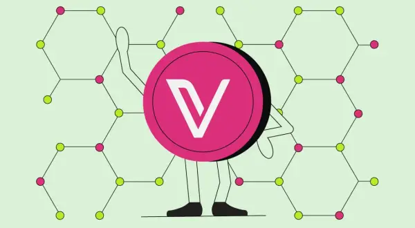 Vechain Thor-Münze mit stilisierten Armen und Beinen, die vor einem Hintergrund aus verbundenen Sechsecken stehen.
