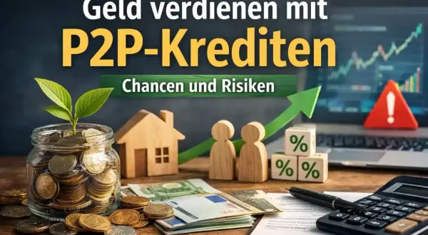 Geld verdienen mit P2P-Krediten: Ein Sparschwein, Haus, Figuren und Würfel mit Prozentzeichen symbolisieren Chancen und Risiken.