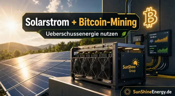 Solar-Mining-Rigs neben Solarpaneelen. Überschüssige Sonnenenergie wird für Bitcoin-Mining genutzt.