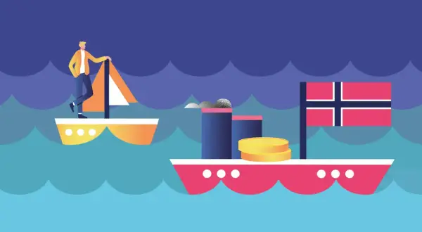 Ein Mann auf einem Segelboot blickt auf ein Schiff mit der norwegischen Flagge und Münzen, das die norwegischer staatsfonds zusammensetzung symbolisiert.