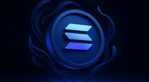 Das Solana-Logo, ein Kreis mit drei horizontalen Balken, umgeben von dunklen, geschwungenen Formen, symbolisiert die Kraft der Solana blockchain.