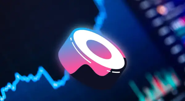 Der SushiSwap Coin schwebt über einem unscharfen Chart, der die Volatilität des Kryptomarktes symbolisiert.