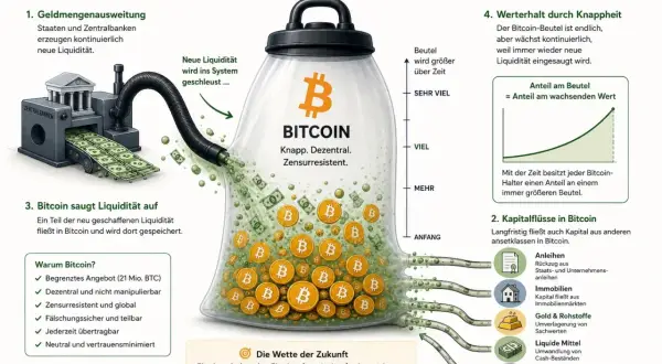 Bitcoin als Staubsauger für Liquidität: Zentralbanken erzeugen Geld, das in Bitcoin fließt. Der Anfang der Bitcoin-Geschichte zeigt, wie es Liquidität aufsaugt.
