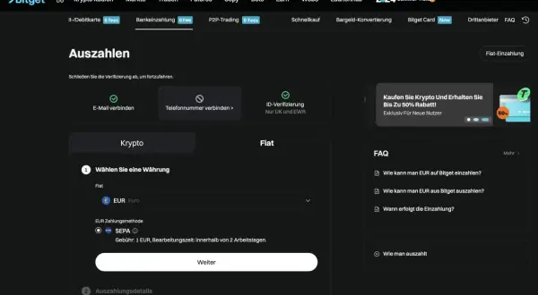 Bitget-Auszahlungsseite: Währung wählen (EUR) und SEPA als Zahlungsmethode für Ihren Krypto-Cash.