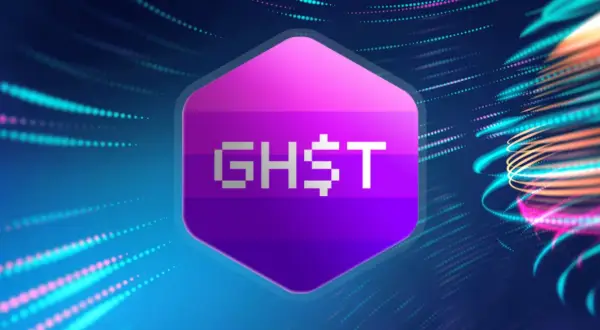 Das GHST Coin-Logo in Pixel-Art auf einem violetten Sechseck, umgeben von leuchtenden, abstrakten Lichtspuren.