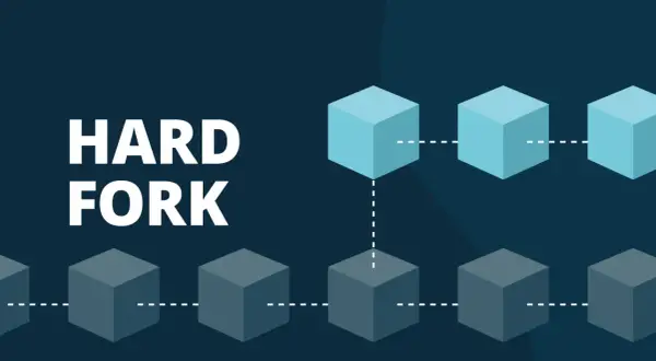 Die **Hard Fork Bedeutung** wird durch eine Blockchain-Grafik mit zwei verzweigten Ketten von Würfeln dargestellt.
