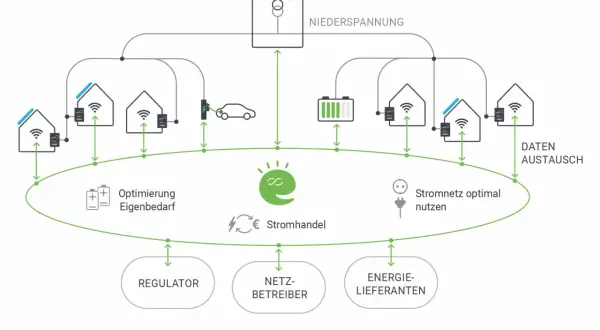 Schema eines intelligenten energy web: Häuser mit Solaranlagen, E-Auto, Batterie, Netzbetreiber, Regulator, Energie-Lieferanten, Daten-Austausch.