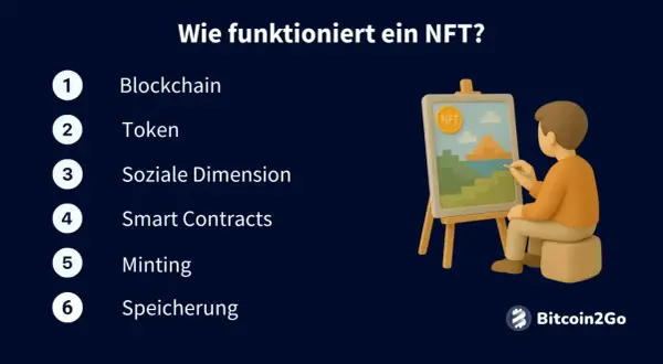 Ein Künstler malt ein Bild, das einen NFT-Token darstellt. Die Liste erklärt, wie ein NFT funktioniert, von Blockchain bis Speicherung.
