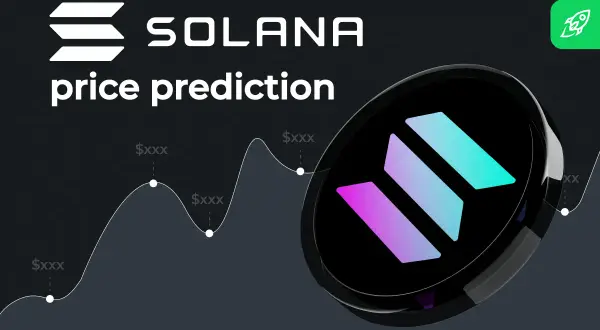 Solana Preisvorhersage 2040: Ein Diagramm zeigt den Aufwärtstrend von Solana, mit dem Logo und dem Slogan "price prediction".